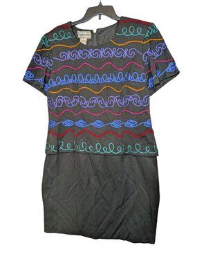 Karin Stevens Vintage 1980s Black Dress With Colorful Embroidery Short Sleeve Wo